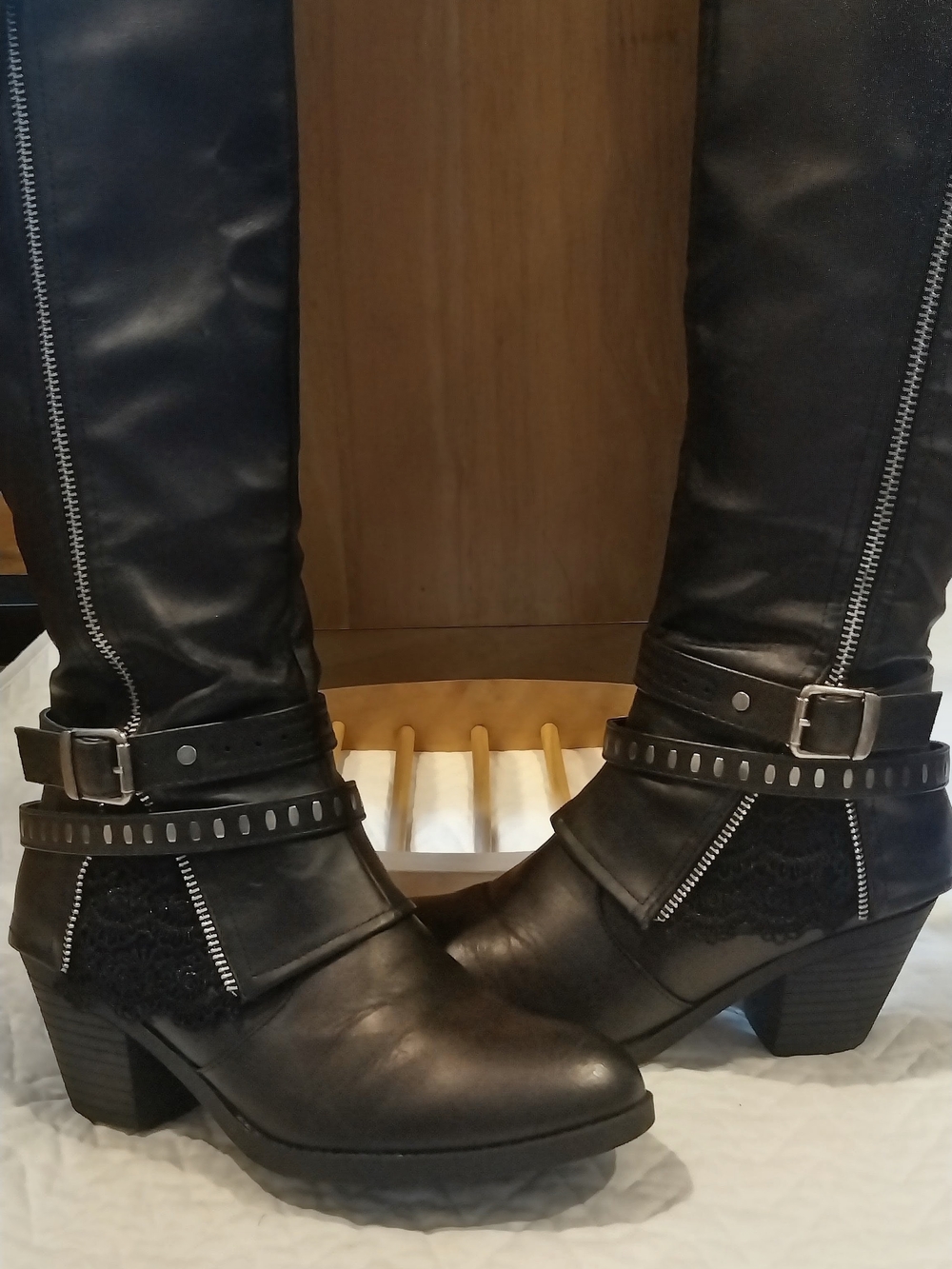 Global Win Black Mid-Calf Block Heel Boots with Studded Strap and Buckle